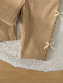 SHEIN 新生女嬰編織可愛百搭休閒卡其色3D對比蝴蝶結連身衣，適合春夏秋冬四季穿著 - 卡其色 - 查看 6