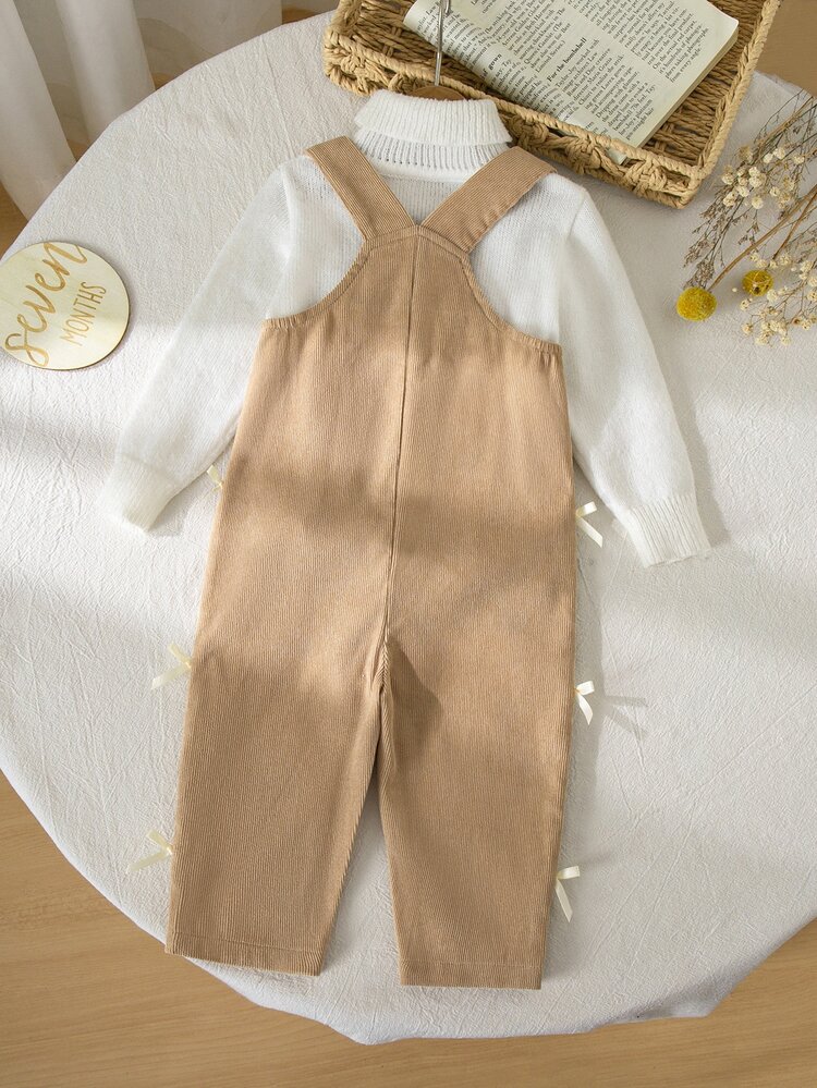 SHEIN Romper Bayi Perempuan Baru Lahir, Lucu, Serbaguna, Kasual, Warna Khaki dengan Hiasan Pita Kontras 3D, Cocok untuk Musim Semi, Musim Panas, Musim Gugur, Musim Dingin, dan Semua Musim. - Khaki - View 4