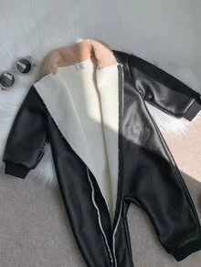 SHEIN 嬰兒男嬰女嬰秋冬休閒保暖內裡黑色毛絨連身衣，翻領設計，黑色連身衣，嬰兒連身衣，秋冬連身衣 - 彩色 - 查看 8