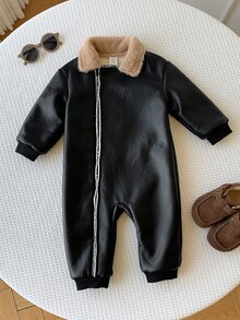 SHEIN 嬰兒男嬰女嬰秋冬休閒保暖內裡黑色毛絨連身衣，翻領設計，黑色連身衣，嬰兒連身衣，秋冬連身衣 - 彩色 - 查看 6