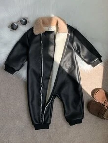SHEIN 嬰兒男嬰女嬰秋冬休閒保暖內裡黑色毛絨連身衣，翻領設計，黑色連身衣，嬰兒連身衣，秋冬連身衣 - 彩色 - 查看 1