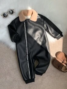 SHEIN 嬰兒男嬰女嬰秋冬休閒保暖內裡黑色毛絨連身衣，翻領設計，黑色連身衣，嬰兒連身衣，秋冬連身衣 - 彩色 - 查看 4