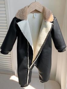 SHEIN 嬰兒男嬰女嬰秋冬休閒保暖內裡黑色毛絨連身衣，翻領設計，黑色連身衣，嬰兒連身衣，秋冬連身衣 - 彩色 - 查看 7