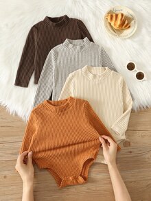 SHEIN 男嬰針織柔軟假領長袖連身衣4件套，百搭舒適 - 彩色 - 查看 4