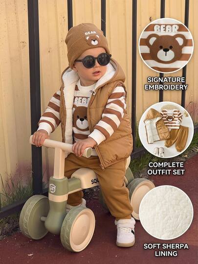 Cozy Pixies Baby Jungen 3er Set: Cartoon 3D Plüsch Bär süßes Muster gestrickter weicher gestreifter Rundhals Langarm Pullover Sweatshirt, ärmellose fleecegefütterte wattierte Weste, elastische Taille lange Hose