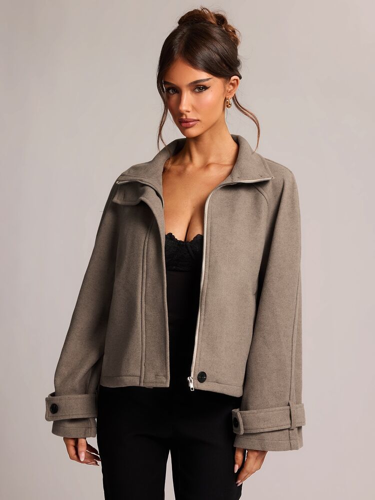 SHEIN BAE Jaket Wanita Lengan Panjang Kancing Bergaya Vintage Serbaguna untuk Bisnis - Coklat - View 3
