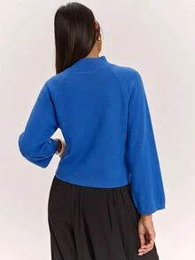 SHEIN BAE Sweater Wanita Model Baru dengan Kerah Semi Tinggi, Lengan Raglan, Potongan Longgar, Lengan 3/4, Santai, Serbaguna, dan Menawan - Biru - View 4
