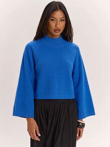 SHEIN BAE Sweater Wanita Model Baru dengan Kerah Semi Tinggi, Lengan Raglan, Potongan Longgar, Lengan 3/4, Santai, Serbaguna, dan Menawan - Biru - View 8