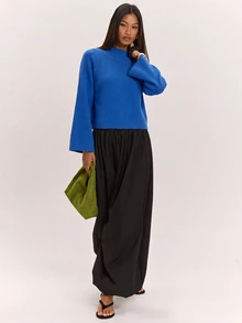 SHEIN BAE Sweater Wanita Model Baru dengan Kerah Semi Tinggi, Lengan Raglan, Potongan Longgar, Lengan 3/4, Santai, Serbaguna, dan Menawan - Biru - View 3