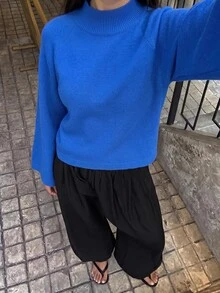 SHEIN BAE Sweater Wanita Model Baru dengan Kerah Semi Tinggi, Lengan Raglan, Potongan Longgar, Lengan 3/4, Santai, Serbaguna, dan Menawan - Biru - View 2