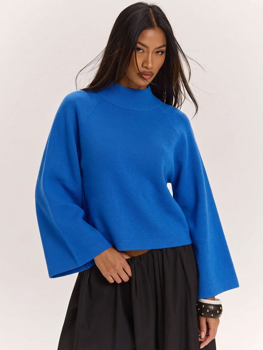 SHEIN BAE Sweater Wanita Model Baru dengan Kerah Semi Tinggi, Lengan Raglan, Potongan Longgar, Lengan 3/4, Santai, Serbaguna, dan Menawan - Biru - View 1