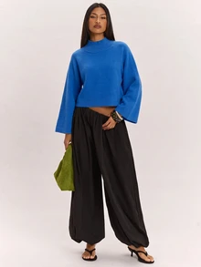 SHEIN BAE Sweater Wanita Model Baru dengan Kerah Semi Tinggi, Lengan Raglan, Potongan Longgar, Lengan 3/4, Santai, Serbaguna, dan Menawan - Biru - View 5