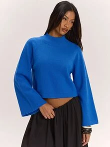 SHEIN BAE Sweater Wanita Model Baru dengan Kerah Semi Tinggi, Lengan Raglan, Potongan Longgar, Lengan 3/4, Santai, Serbaguna, dan Menawan - Biru - View 7