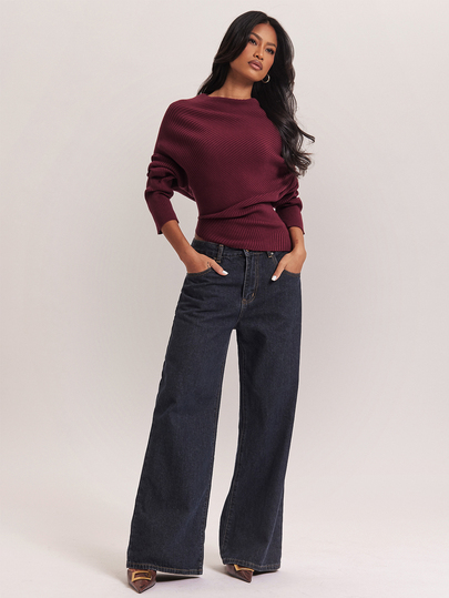 SHEIN BAE Burgundy Asymmetric Hem Slim Fit Pullover Sweater For Women Fall 2026 Elegant Long Sleeve Knit Top For Office Date Night Sweater Jeans Outfit