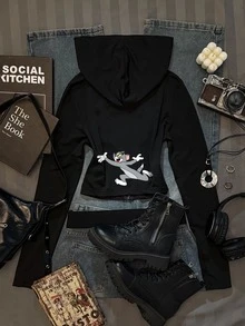 TOM & JERRY X SHEIN SHEIN EZwear 女款連帽長袖T恤，適合秋冬，聯名風格，適合外出、街頭穿搭、機場造型 - 黑色 - 查看 2
