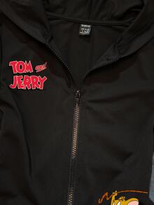 TOM & JERRY X SHEIN SHEIN EZwear 女款連帽長袖T恤，適合秋冬，聯名風格，適合外出、街頭穿搭、機場造型 - 黑色 - 查看 4