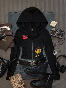 TOM & JERRY X SHEIN SHEIN EZwear 女款連帽長袖T恤，適合秋冬，聯名風格，適合外出、街頭穿搭、機場造型 - 黑色 - 查看 1