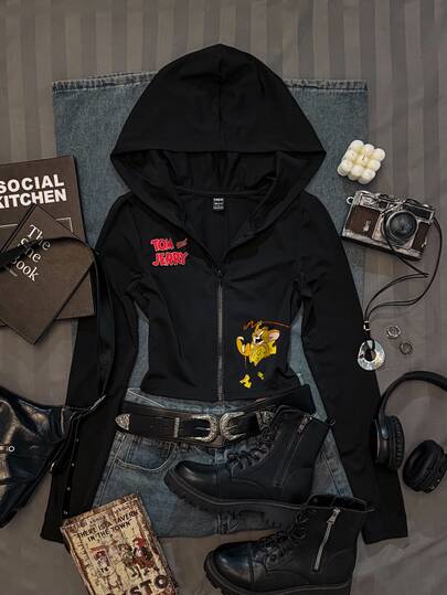 TOM & JERRY X SHEIN SHEIN EZwear Women's Hooded T-Shirt, Long Sleeve, Suitable For Autumn/Winter, Co-Branded Style, Suitable For Outings, Streetwear, Airport Outfit