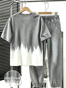 SHEIN 青少年男孩字母印花短袖T恤與長褲休閒日常穿搭套裝 - 灰色 - 查看 2