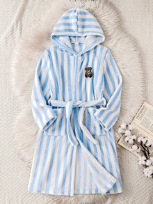 SHEIN 秋冬季青少年男孩厚實雙面法蘭絨家居服，藍白條紋可愛熊圖案，連帽長袖睡袍居家服 - 淺藍色 - 查看 1