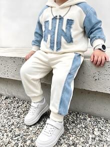 2件組小男孩休閒3D印花丹寧字母圖案圓領抓絨長袖連帽衛衣與配套抓絨運動長褲套裝，適合秋冬 - 彩色 - 查看 1