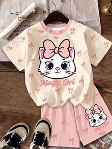 女童休閒簡約可愛刺繡紋理卡通小貓圖案，粉色蝴蝶結波點短袖短褲兩件套，適合夏季，圖案、卡哇伊、Y2K、舒適，女童套裝，Kitty - 彩色 - 查看 3