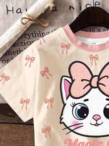 女童休閒簡約可愛刺繡紋理卡通小貓圖案，粉色蝴蝶結波點短袖短褲兩件套，適合夏季，圖案、卡哇伊、Y2K、舒適，女童套裝，Kitty - 彩色 - 查看 5