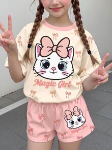 女童休閒簡約可愛刺繡紋理卡通小貓圖案，粉色蝴蝶結波點短袖短褲兩件套，適合夏季，圖案、卡哇伊、Y2K、舒適，女童套裝，Kitty - 彩色 - 查看 2