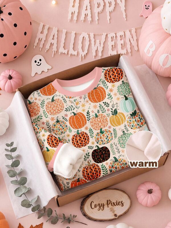 Cute Pastoral Colorful Pumpkin Pattern, Baby Girl Casual Soft Comfortable Loose Round Neck Sweatshirt Suitable For Autumn/Winter Daily, Pumpkin Season, Autumn Atmosphere, Farm, Outdoor, Cozy Vibes, New Style! New Season!