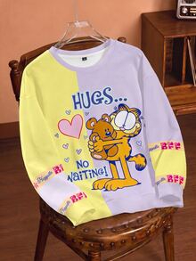 GARFIELD | SHEIN بلوزة رياضية كاجوال للنساء بمقاسات كبيرة، طباعة حرف وقلب، ياقة دائرية، أكمام طويلة - أبيض - مشاهدة 1