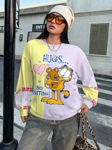GARFIELD | SHEIN بلوزة رياضية كاجوال للنساء بمقاسات كبيرة، طباعة حرف وقلب، ياقة دائرية، أكمام طويلة - أبيض - مشاهدة 4