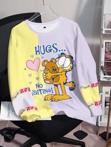 GARFIELD | SHEIN بلوزة رياضية كاجوال للنساء بمقاسات كبيرة، طباعة حرف وقلب، ياقة دائرية، أكمام طويلة - أبيض - مشاهدة 3