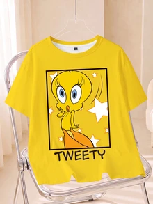 LOONEY TUNES X SHEIN Plus Size Women's Cartoon Print Round Neck Short Sleeve Casual T-Shirt - White - View 1
