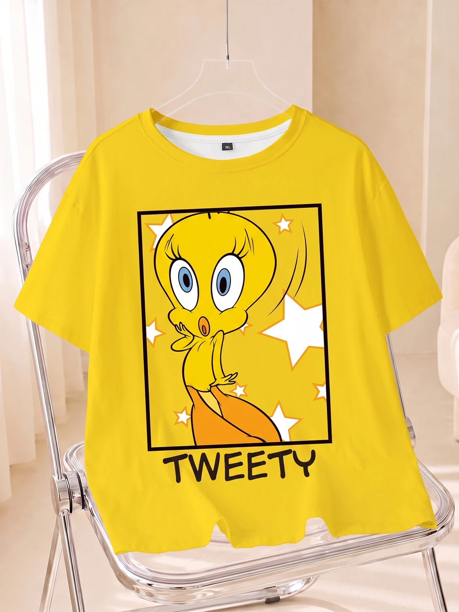 LOONEY TUNES X SHEIN Plus Size Women's Cartoon Print Round Neck Short Sleeve Casual T-Shirt - White - View 1