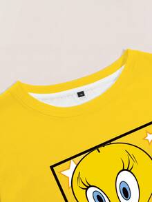 LOONEY TUNES X SHEIN Plus Size Women's Cartoon Print Round Neck Short Sleeve Casual T-Shirt - White - View 3