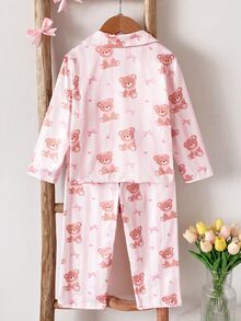 Genkimix Kids 2件組女童幼兒休閒簡約可愛熊圖案長袖開襟衫與長褲家居服套裝 - 粉色 - 查看 2