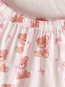 Genkimix Kids 2件組女童幼兒休閒簡約可愛熊圖案長袖開襟衫與長褲家居服套裝 - 粉色 - 查看 3