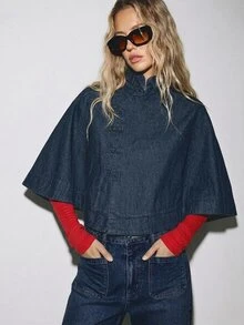 ATUI Studio Women's Fashionable Shawl Collar Denim Top With Frog Buttons - Blue - View 1