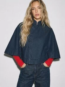 ATUI Studio Women's Fashionable Shawl Collar Denim Top With Frog Buttons - Blue - View 3
