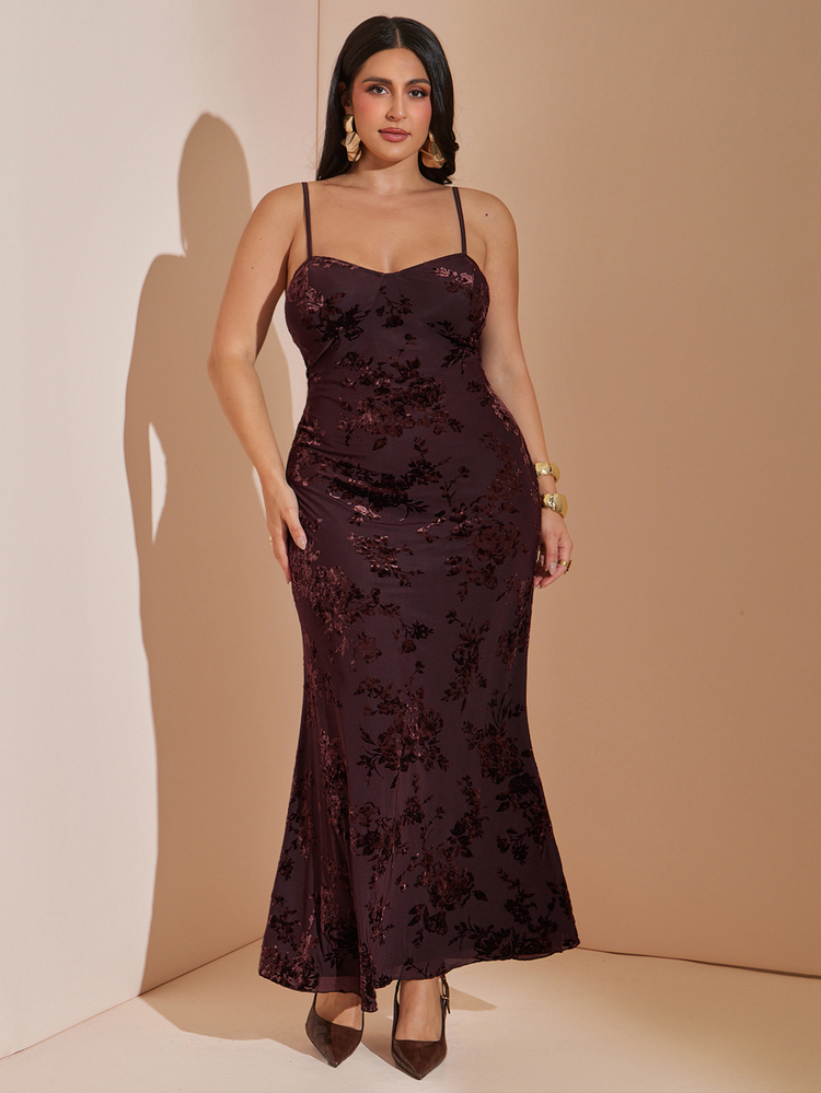 SHEIN BAE CURVE Đầm dây spaghetti nữ size lớn màu đỏ nâu họa tiết burnout, phong cách mùa thu thanh lịch trang trọng, đầm lưới thêu vintage cho khách mời đám cưới, tiệc cocktail và sinh nhật - Gỗ đỏ - Xem 5