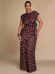 SHEIN BAE CURVE 大尺碼棕色前綁帶上衣與長褲套裝 女款修身透視網紗喇叭下擺 1950s 1920s 復古優雅 婚禮度假賓客早午餐穿搭 - 彩色 - 查看 4