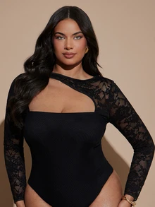 SHEIN BAE CURVE 大尺碼女款黑色蕾絲拼接長袖連身衣，優雅性感連身衣 - 黑色 - 查看 9