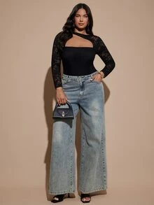 SHEIN BAE CURVE 大尺碼女款黑色蕾絲拼接長袖連身衣，優雅性感連身衣 - 黑色 - 查看 8