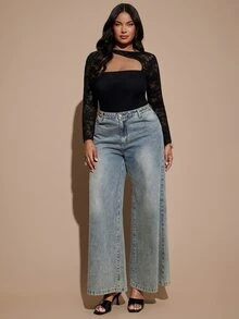 SHEIN BAE CURVE 大尺碼女款黑色蕾絲拼接長袖連身衣，優雅性感連身衣 - 黑色 - 查看 5
