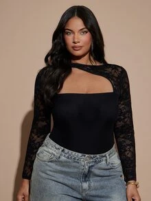 SHEIN BAE CURVE 大尺碼女款黑色蕾絲拼接長袖連身衣，優雅性感連身衣 - 黑色 - 查看 7