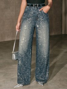 Anewsta Celana Jeans Wanita Kasual Musim Gugur/Dingin Biru Motif Bunga Rhinestone Potongan Lurus Gaya Streetwear untuk Konser, Klub, dan Pesta - Biru - View 3