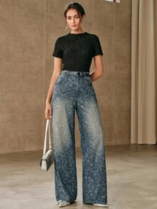 Anewsta Celana Jeans Wanita Kasual Musim Gugur/Dingin Biru Motif Bunga Rhinestone Potongan Lurus Gaya Streetwear untuk Konser, Klub, dan Pesta - Biru - View 6