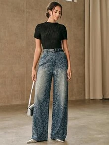 Anewsta Celana Jeans Wanita Kasual Musim Gugur/Dingin Biru Motif Bunga Rhinestone Potongan Lurus Gaya Streetwear untuk Konser, Klub, dan Pesta - Biru - View 4