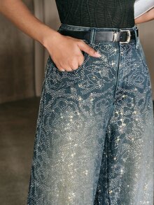 Anewsta Celana Jeans Wanita Kasual Musim Gugur/Dingin Biru Motif Bunga Rhinestone Potongan Lurus Gaya Streetwear untuk Konser, Klub, dan Pesta - Biru - View 1