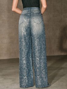 Anewsta Celana Jeans Wanita Kasual Musim Gugur/Dingin Biru Motif Bunga Rhinestone Potongan Lurus Gaya Streetwear untuk Konser, Klub, dan Pesta - Biru - View 7